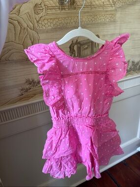 LoveShackFancy Hot Pink Polka Dot Ruffle Romper